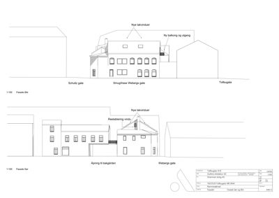 Fasadetegning som viser bygningens utseende sett fra øst og sør, med angivelse av gater og arkitektoniske endringer.