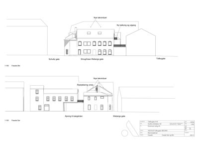 Bildet viser to fasadetegninger (øst og sør) av en bygning med gatene Schultz gate, Smugthrase Webergsgate og Tollbugata. Tegningen illustrerer planlagte endringer som nye takvinduer og en ny balkong.