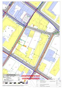 Situasjonsplan som viser eiendomsgrenser, naboeiendommer og infrastruktur i området.