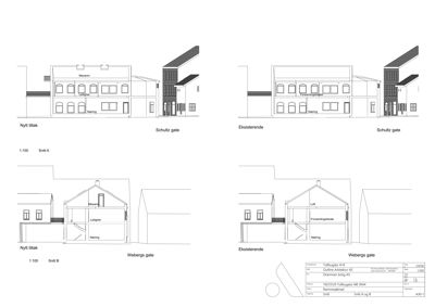 Snittegning (Snitt A og B) som viser tverrsnittet av bygningen med romfordeling og fasader.