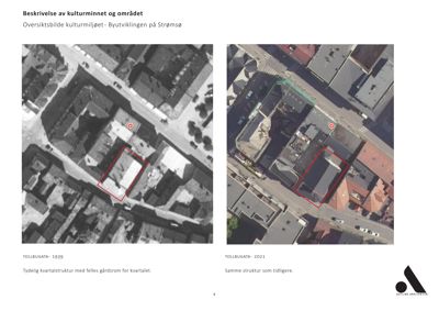 Bildet viser to flyfoto (ett fra 1939 og ett fra 2021) av et byområde, som illustrerer endringer i kvartalstrukturen over tid.