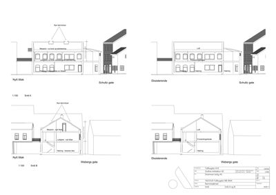 Snittegning (Snitt A og Snitt B) som viser tverrsnittet av en bygning med forslag for nytt tiltak sammenlignet med eksisterende tilstand.