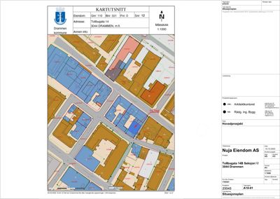 Situasjonsplan som viser eiendomsforhold, naboeiendommer og bygningsplassering i forhold til gater og andre eiendommer.
