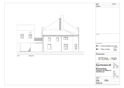 Fasadetegning av en bygning sett fra forsiden.