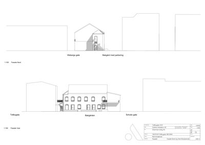 Fasadetegning som viser bygningens utseende sett fra nord og vest, inkludert tilstøtende gater og bakgård.