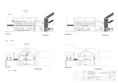 Snittegning (Snitt A og Snitt B) som viser tverrsnittet av en bygning med forslag for nytt tiltak og eksisterende tilstand.