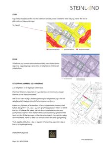 Situasjonsplan som viser støysoner (fargelagt) og parkeringsplan for et byggprosjekt.