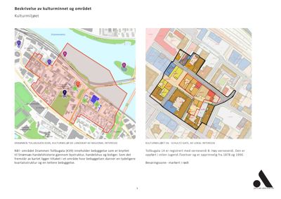 Bildet viser to kart som illustrerer kulturmiljøet i Drammen, inkludert bygningsstruktur og historiske områder.
