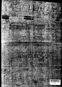 Et skadet og kornete bilde av en tegning som viser romfordeling og veggkonstruksjoner, typisk for et etasjeplan.