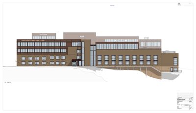 Fasadetegning som viser bygningens utseende sett fra siden, inkludert vinduer, inngang og terrengforhold.