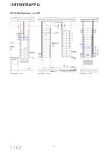 Utsnitt av plantegninger som viser romfordeling og dimensjoner for en interntrapp (Plan 1, Plan 2 og Plan 3).