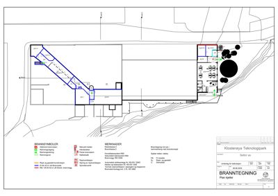 En brannplan (branntegning) som viser brannsikkerhetstiltak, utstyr og konstruksjoner i kjelleretasje.