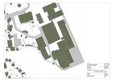 Situasjonsplan som viser tomtens grenser, eksisterende og planlagt bebyggelse, veier, terrengforhold og vegetasjon.