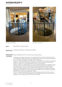 Fotografi av en eksisterende blå spiraltrapp i etasje 1, med tekstbeskrivelse og kommentarer om trappens funksjon og tilstand.