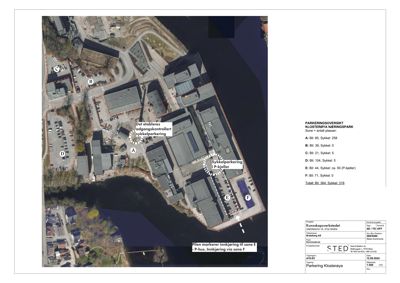 Flyfoto eller satellittbilde av et område med bygninger, parkeringsplasser og vannveier, overlagret med informasjon om soner for sykkel- og bilparkering.