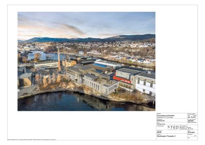 Fotografi av et bygningskompleks (Kunnskapsverkstedet) sett fra luften, med omgivende by og natur.