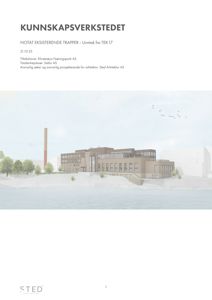 3D-visualisering av en bygning sett fra siden, med omgivende landskap og vann.