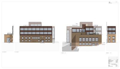 Fasadetegning som viser bygningens ytre utseende fra flere vinkler.