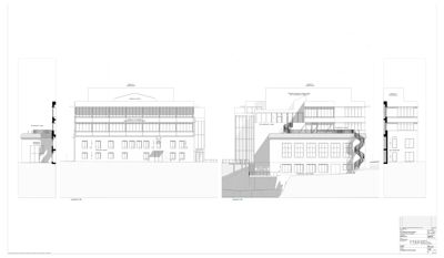 Fasadetegning som viser bygningens ytre utseende fra flere vinkler, inkludert detaljer om vinduer og takform.