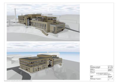3D-visualisering (rendering) av bygningens fasade sett fra ulike vinkler.