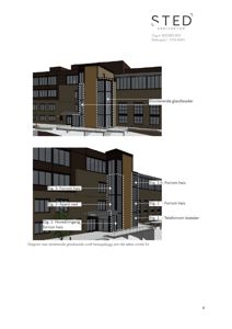 3D-visualisering (rendering) av bygningens fasade som viser eksisterende glassfasader og heisoppbygg.