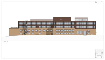 Fasadetegning som viser bygningens utseende sett fra siden, inkludert vinduer, inngang og taklinje.