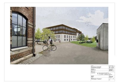 3D-visualisering (rendering) av en fasade og omgivelser, inkludert en person på sykkel for skala.