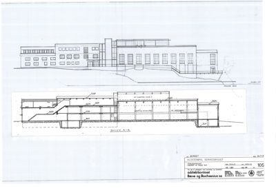 Bildet viser en snittegning (merket 'SNITT A-A') av et bygg, med fasadeopprikk ovenfor.