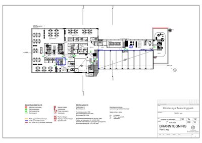 En brannplan (branntegning) for 3. etasje i en bygning ved Klosterøya Teknologipark.