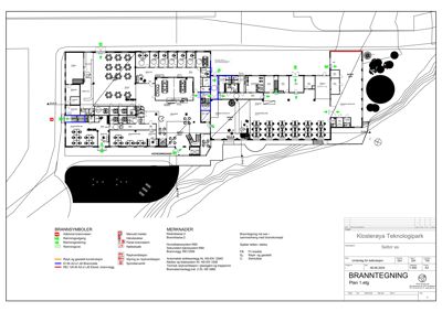 Etasjeplan (1. etg) med brannsymboler og merknader for Klosterøya Teknologipark.