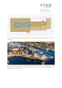 Et fotografi som viser en eksisterende situasjon med bygninger langs en vannvei, inkludert en fabrikk med røykpipe.