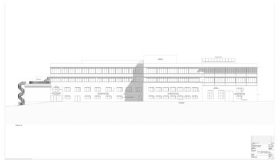 Fasadetegning som viser bygningens utseende fra en bestemt vinkel, inkludert vinduer, dører og takform.