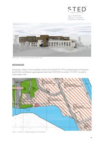 Bildet viser en side fra et arkitektonisk dokument. Øverst er det en 3D-visualisering (rendering) av en bygning sett fra vest, med teksten 'Illustrasjon – Kunnskapsverketsted sett fra vest'. Nedover på siden finnes tekst om bestemmelser og en reguleringsplan (Figur 2).