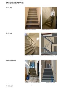 Bildet viser en samling av fotografier og 3D-illustrasjoner av en interntrapp (Trapp B) i ulike etasjer (1-2, 2-3, 3-til plan 3,5).