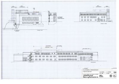 Fasadetegning for Klosterraya Servicebygget som viser utsiden av bygningen sett fra nord, vest og øst.