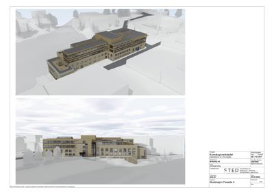 Bildet viser to 3D-visualiseringer (renderinger) av en bygning sett fra utsiden. Øverste bilde viser bygningen fra en vinkel, mens nederste bilde viser en frontansikt. Begge er illustrasjoner for å vise fasade og omgivelser.