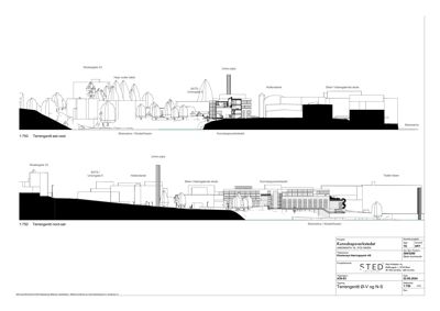 Tegning som viser tverrsnitt av bygninger og terreng i et område (Terrengsnitt Ø-V og N-S).