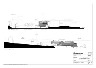 Tegning som viser tverrsnitt (terrensnitt) av bygningene sett fra øst-vest og nord-sør, med høydemål og omgivelsene.