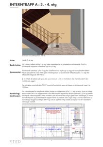3D-visualisering (rendering) av en ny ståltrapp sett fra oven, med overlappende tegninger av eksisterende trapp og mål.