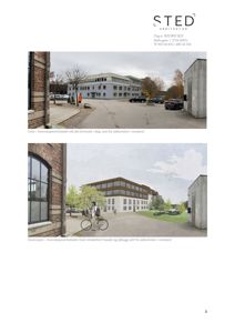 Bildet viser en side fra en byggesak som inneholder et fotografi av et eksisterende bygg (Kunnskapsverkstedet) og en illustrasjon (rendering) av det samme stedet etter rehabilitering.