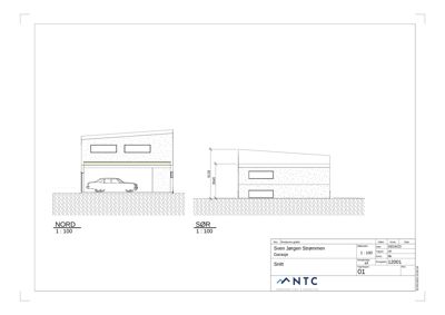 Snittegning av en garasje og tilhørende bygning sett fra nord og sør.