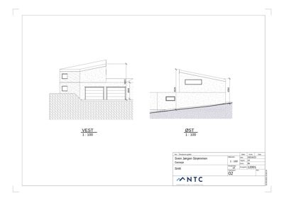 Fasadetegning som viser bygningens utseende sett fra vest og øst, inkludert vinduer, dører og høydeangivelser.