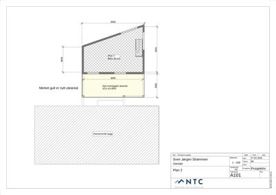Etasjeplan (Plan 2) som viser romfordeling, mål og arealoppdeling for en garasje.