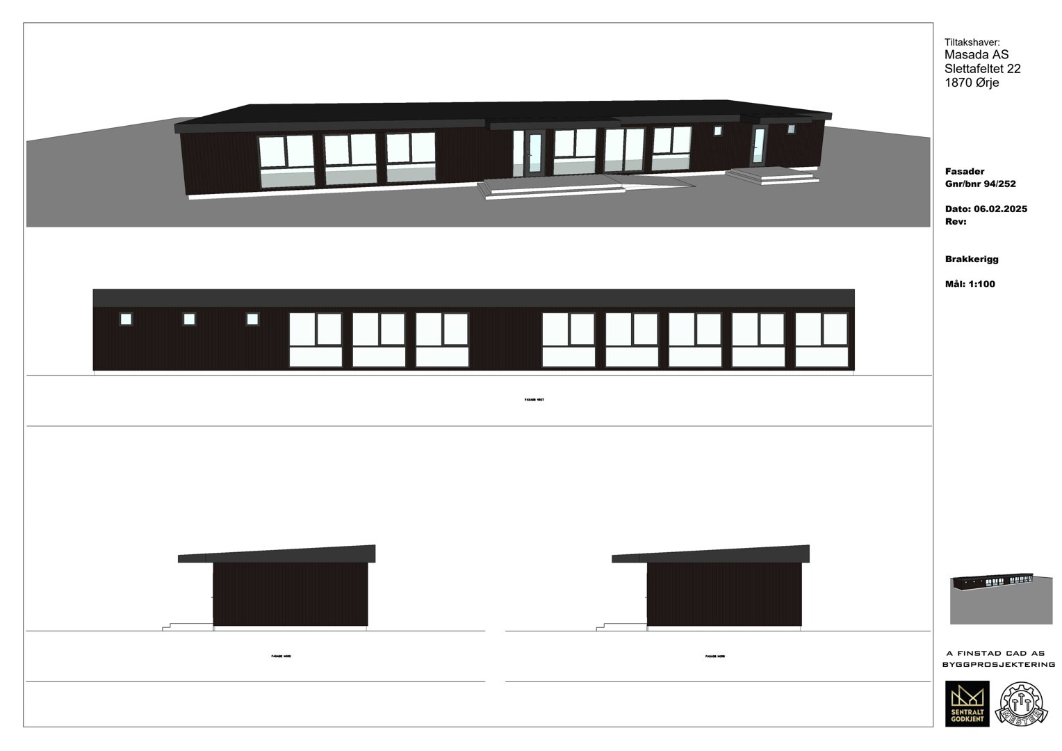 Fasadetegning som viser front- og sideopprikk av en bygning med vindusfordeling og takform.