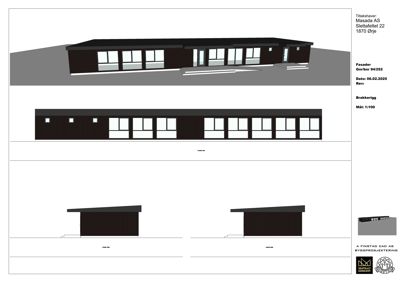 Fasadetegning som viser front- og sideopprikk av en bygning med vindusfordeling og takform.