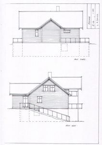Tegning som viser fasadeopprikk for en bygning sett fra nord og vest.