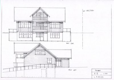 Fasadetegning som viser bygningens utsyn mot sør og mot øst, inkludert detaljer om vinduer, balkonger og takform.