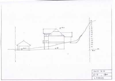Snittegning (Snitt B-B) som viser bygningens høydeprofil, takhøyder og grunnplan i forhold til terrenget.