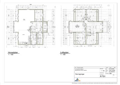 Bildet viser en tegning med hovedplan og loftsplan for et hus, inkludert romfordeling, mål og tekniske detaljer.