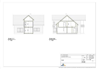 Snittegning (Snitt 1-1 og Snitt AA) som viser tverrsnittet av en bygning med mål og konstruksjonsdetaljer.